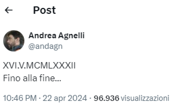 Il post sarcastico di Andrea Agnelli sulla seconda stella. Con la data di quando l'ha vinta la Juve...