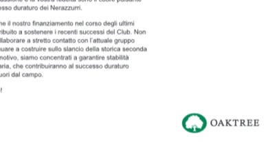 Oaktree, messaggio ai tifosi Inter: "Continueremo a costruire su questo slancio"