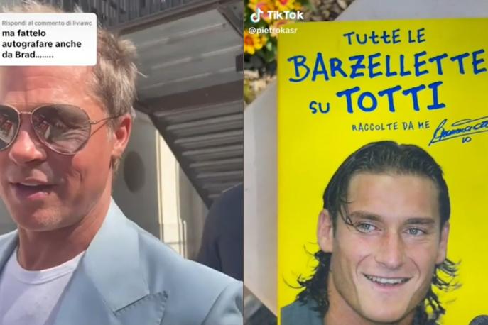 Brad Pitt autografa libro di barzellette su Totti