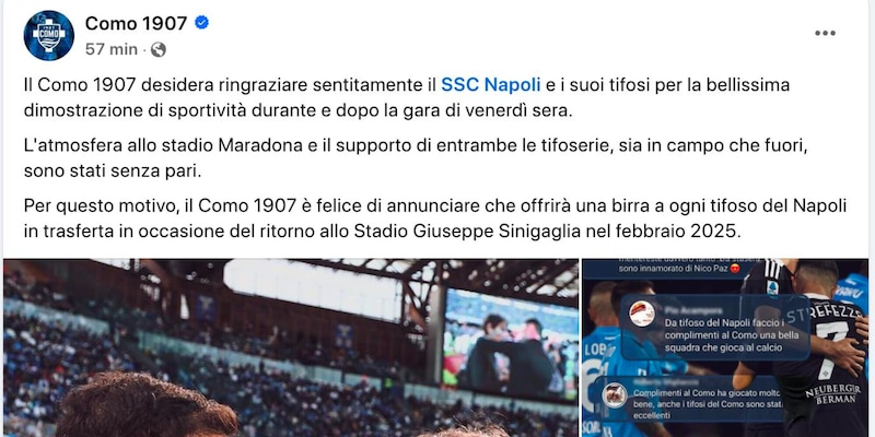 Como, patto con il Napoli: "Birra ai tifosi pagata". Il siparietto social