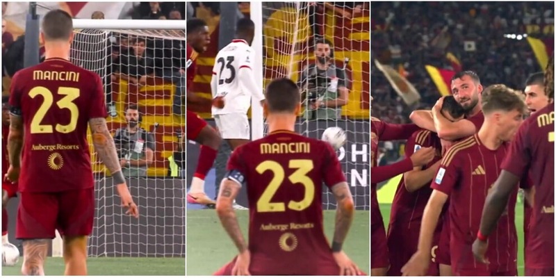 Roma-Milan e il gesto scaramantico di Mancini prima del gol di Cristante 12 Roma-Milan e il gesto scaramantico di Mancini prima del gol di Cristante
