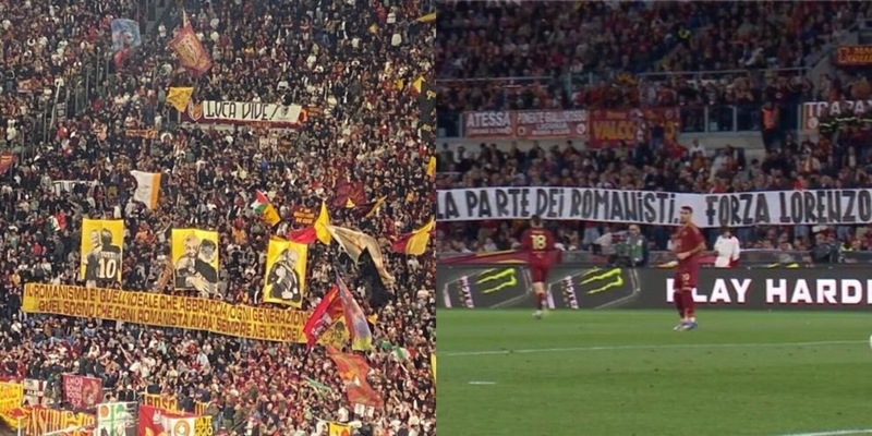 Pellegrini in panchina infortunato, due striscioni per lui. E spuntano Totti e De Rossi 15 Pellegrini in panchina infortunato, due striscioni per lui. E spuntano Totti e De Rossi