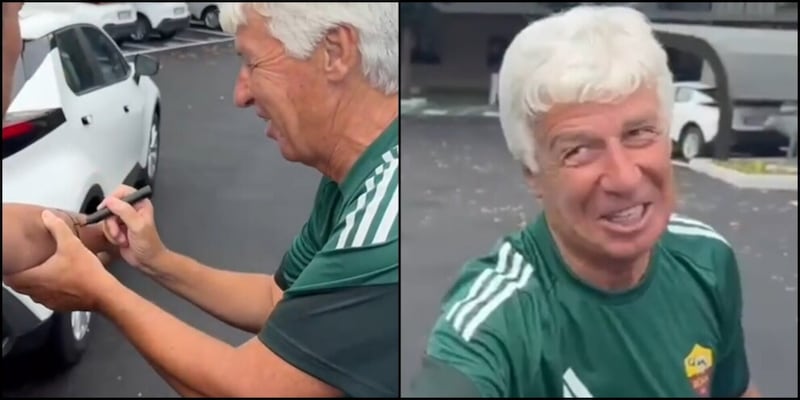 Gasperini e la curiosa richiesta del tifoso della Roma a Trigoria: "Mister, firmami il braccio" VIDEO