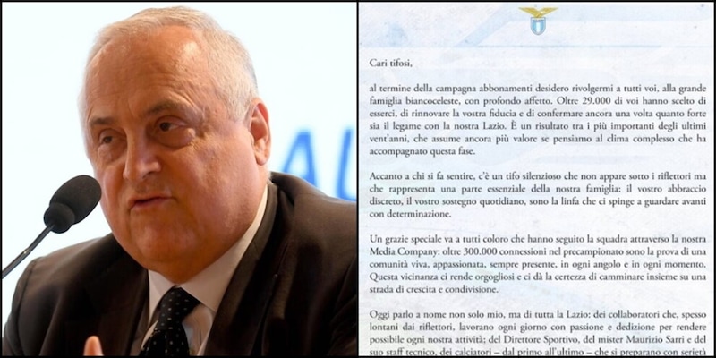 La lettera di Lotito ai tifosi della Lazio: "Clima complesso, senza di voi nulla sarebbe possibile"