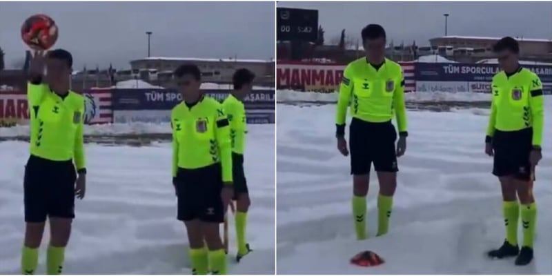 Campo impraticabile ma l'arbitro prova a far rimbalzare il pallone nella neve: il video &egrave; virale