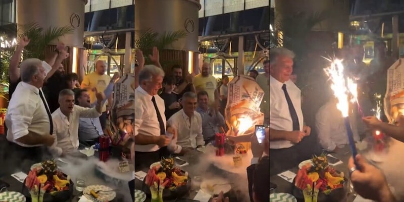 Laporta e l'assurda torta durante una festa a Jeddah prima della finale di Supercoppa con il Real Madrid