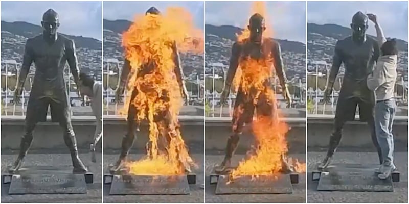 Cristiano Ronaldo brucia, statua in fiamme sui social. Il folle vandalo: &ldquo;&Egrave; l&rsquo;ultimo avvertimento&rdquo;