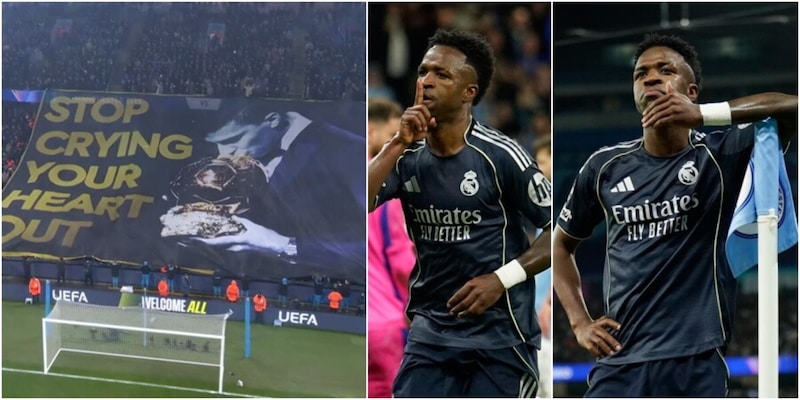 Perch&eacute; Vinicius ha preso in giro i tifosi del Manchester City dopo i gol in Champions: il caso scoppiato per uno striscione