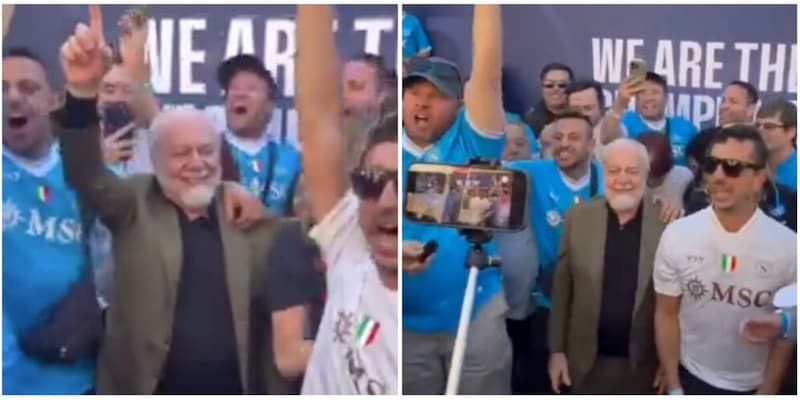 De Laurentiis incontenibile a Los Angeles: salta con i tifosi durante lo sfott&ograve; alla Juve