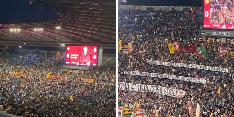 Il duro striscione della Curva Sud dopo la bufera tra Gasperini e Ranieri: "La Roma &egrave; una cosa seria". E durante le formazioni...