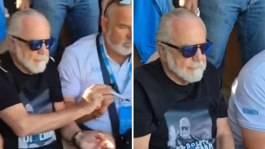 De Laurentiis, la maglia è geniale: ADL si presenta così in tribuna a Dimaro