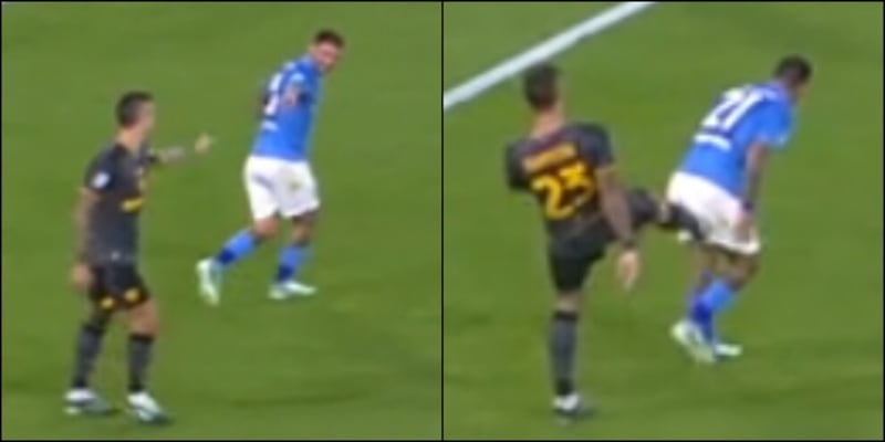Mancini e Politano, il calcetto e il sorriso: cosa &egrave; successo prima del vantaggio del Napoli
