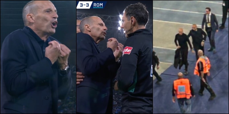 Allegri espulso dopo il pareggio della Roma impazzisce: urla all'assistente, via la giacca e lascia il campo furioso